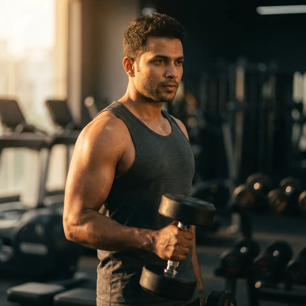 A man training with a dumbbell in a gym