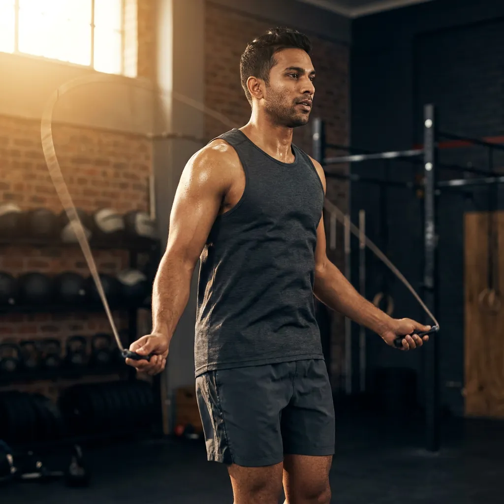 A man skipping rope in a gym