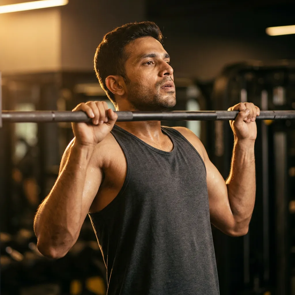 A man pulling himself up on a bar in a gym