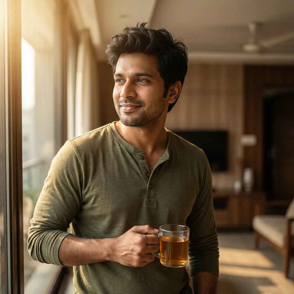 A man standing by a sunlit window at home with a warm drink