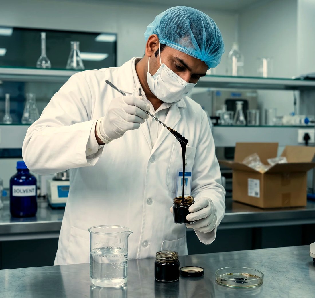 Nutriherbs scientist testing Shilajit resin in the lab