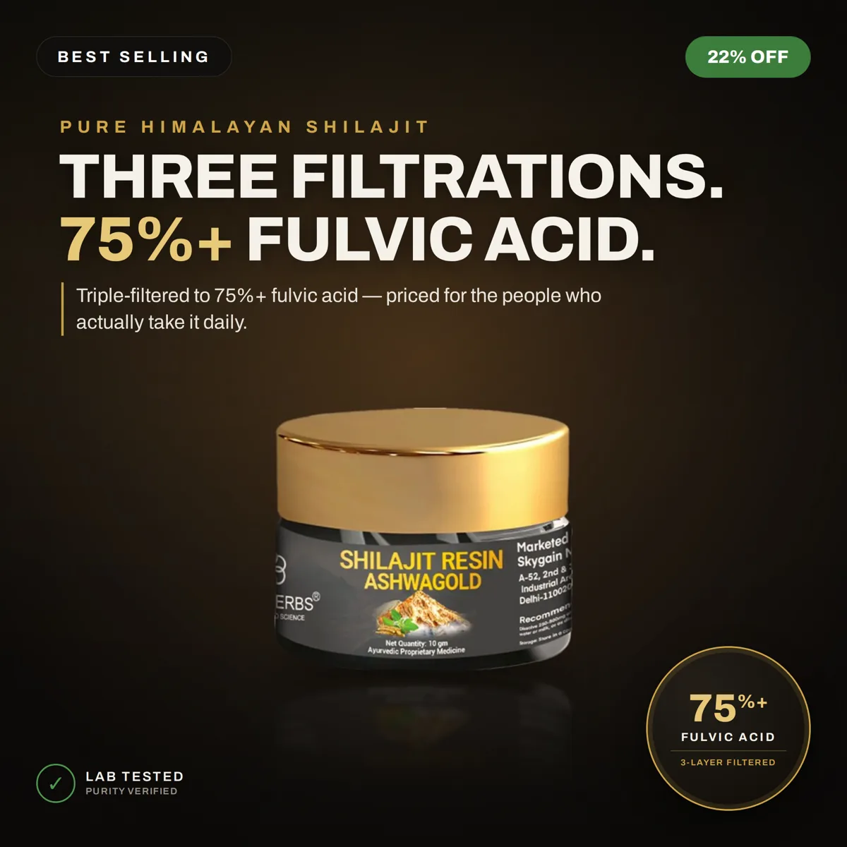 Three filtrations, 75%+ fulvic acid — triple-filtered Shilajit, best selling, 22% off