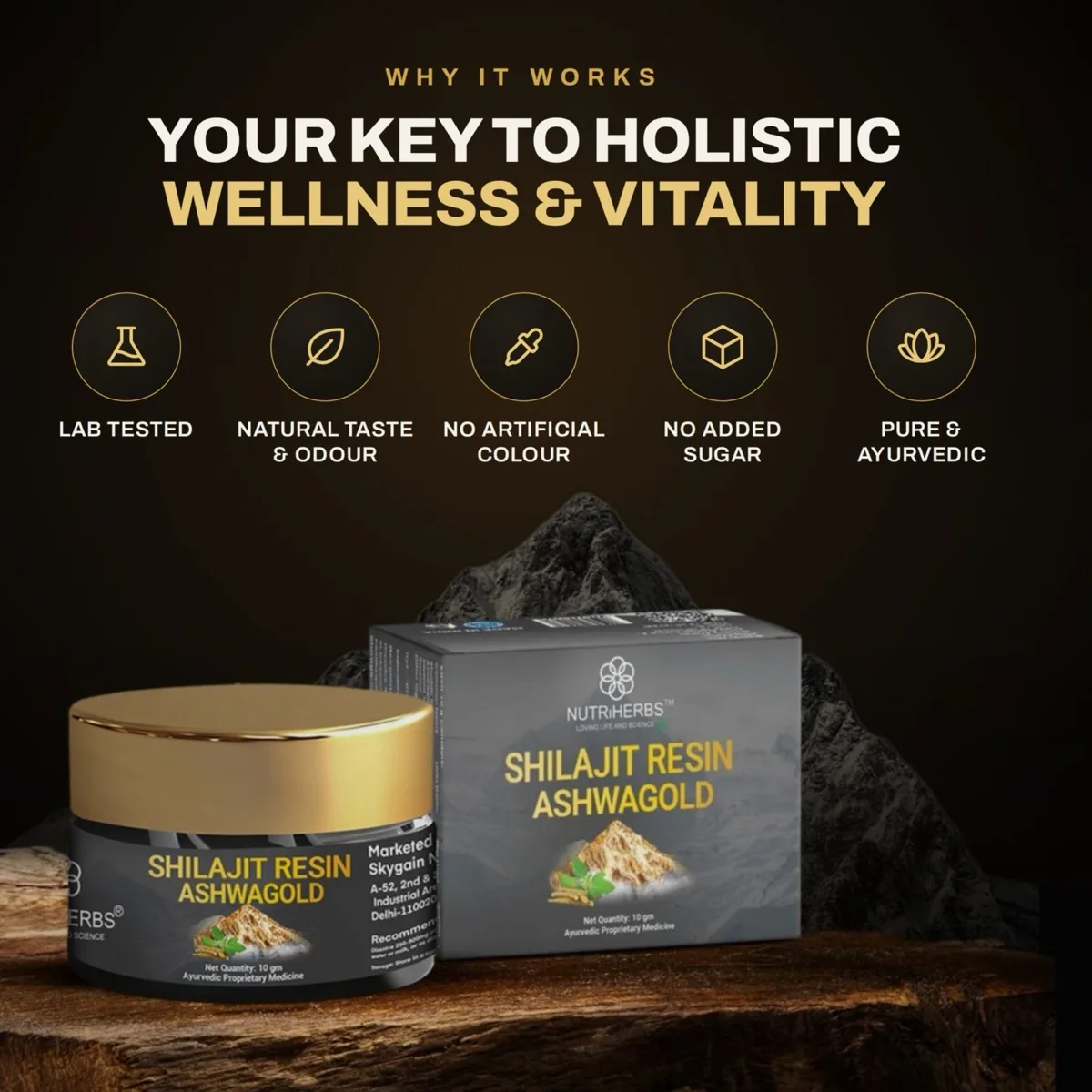 Why it works — lab tested, natural taste and odour, no artificial colour, no added sugar, pure Ayurvedic